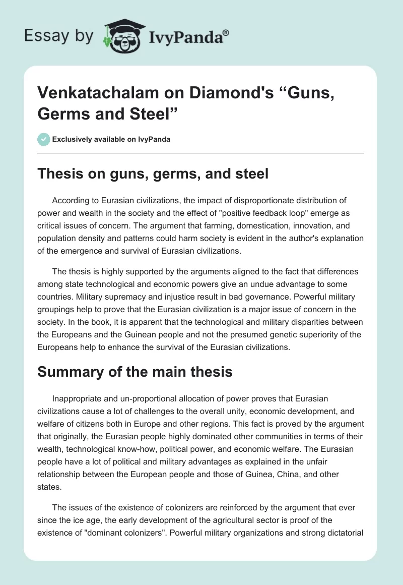 Venkatachalam on Diamond's “Guns, Germs and Steel”. Page 1