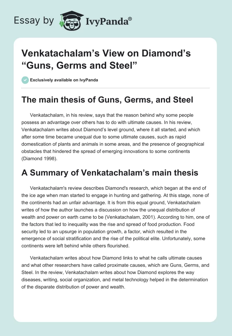 Venkatachalam’s View on Diamond’s “Guns, Germs and Steel”. Page 1
