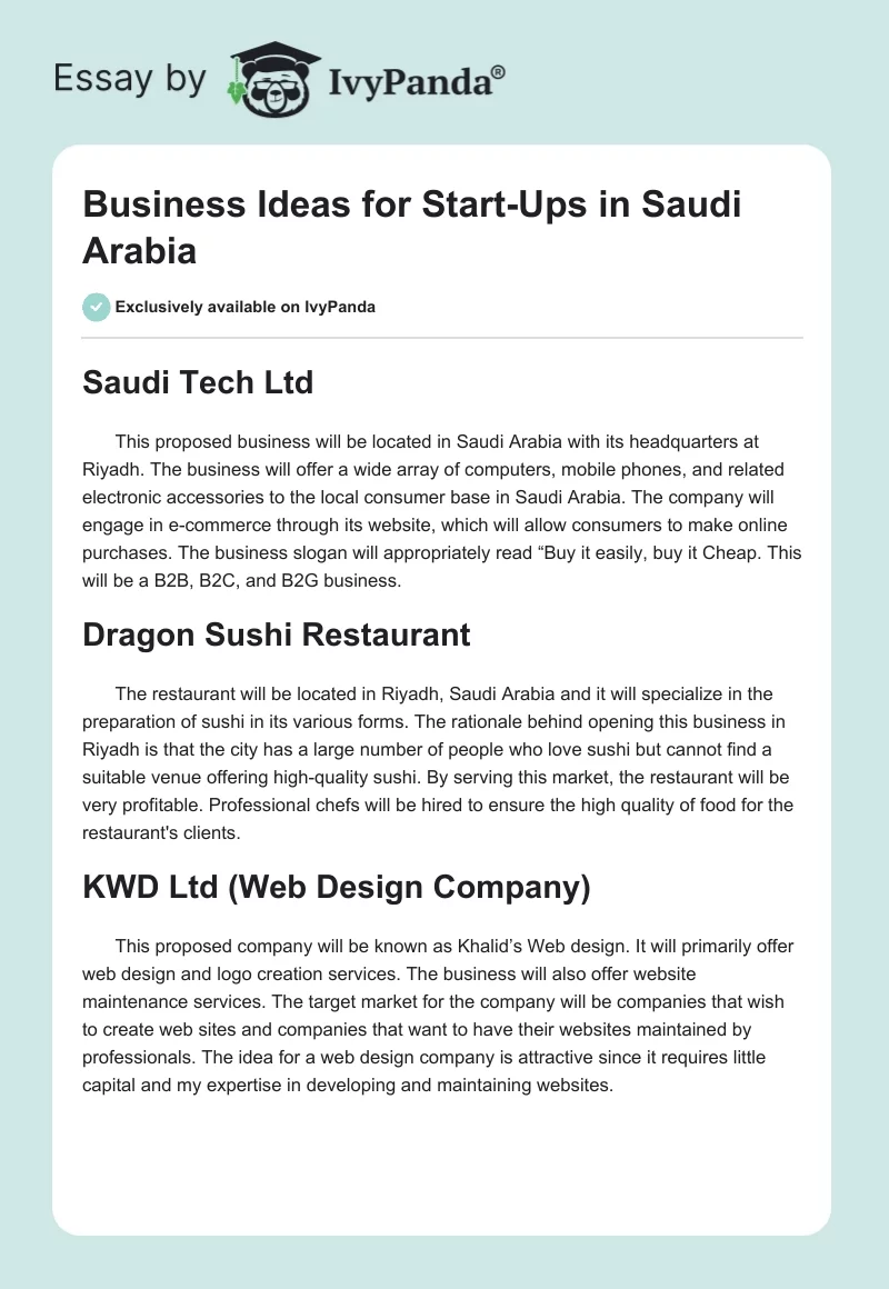 Business Ideas for Start-Ups in Saudi Arabia. Page 1