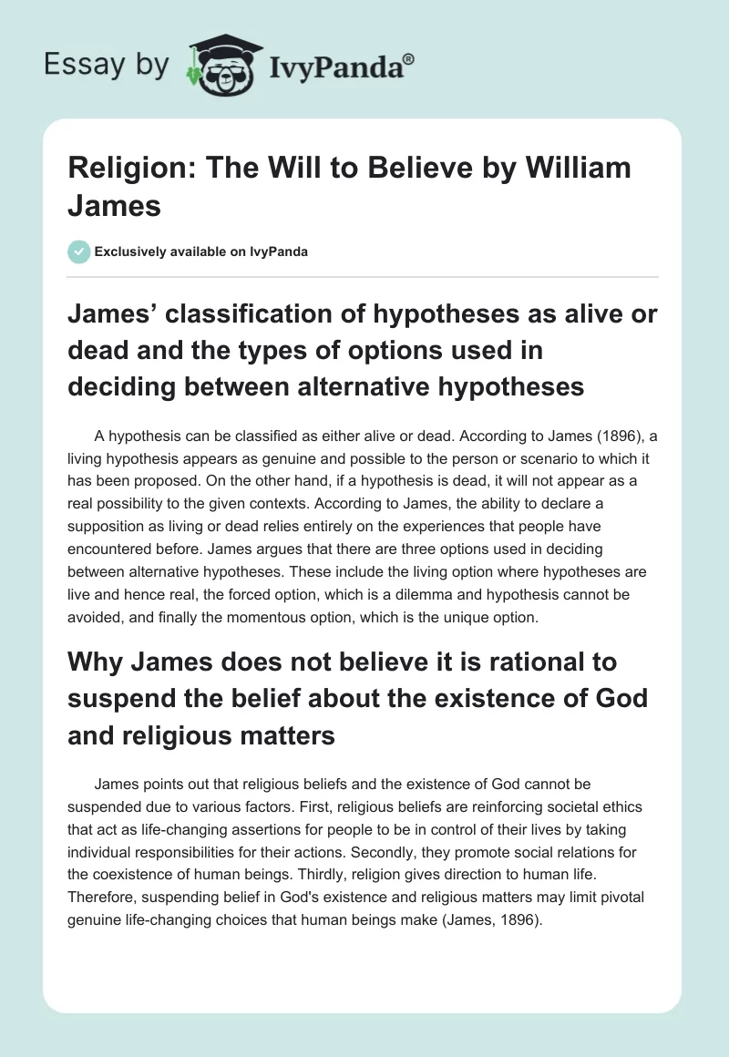 Religion: "The Will to Believe" by William James. Page 1