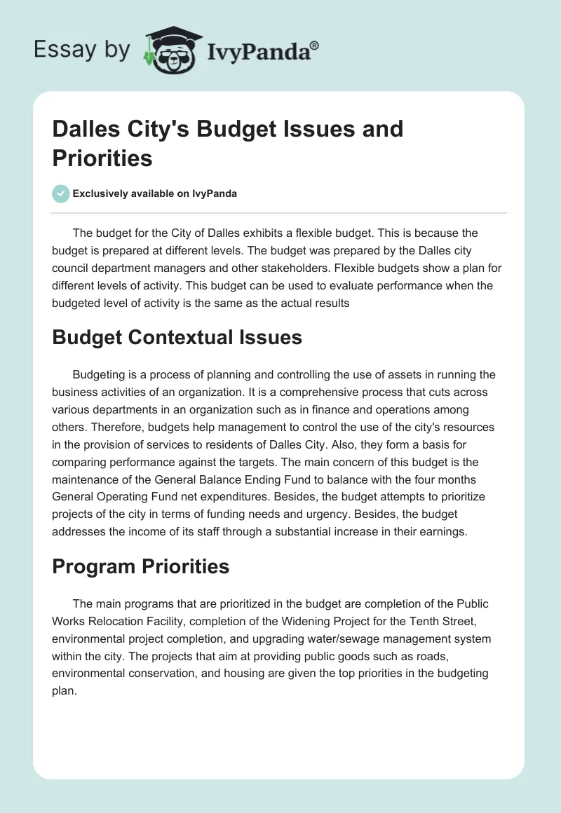 Dalles City's Budget Issues and Priorities. Page 1
