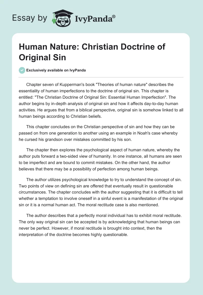 Human Nature: Christian Doctrine of Original Sin. Page 1