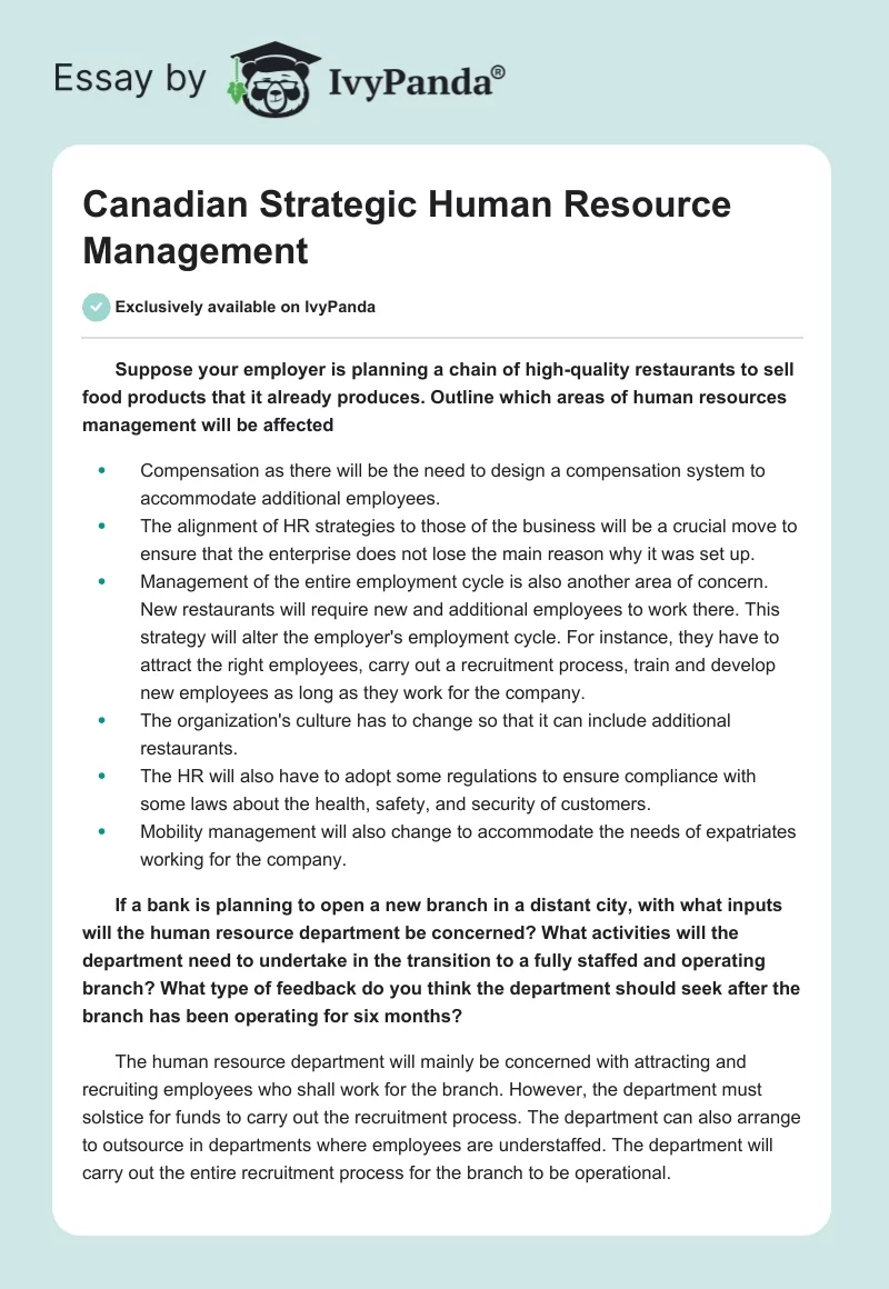 Canadian Strategic Human Resource Management. Page 1