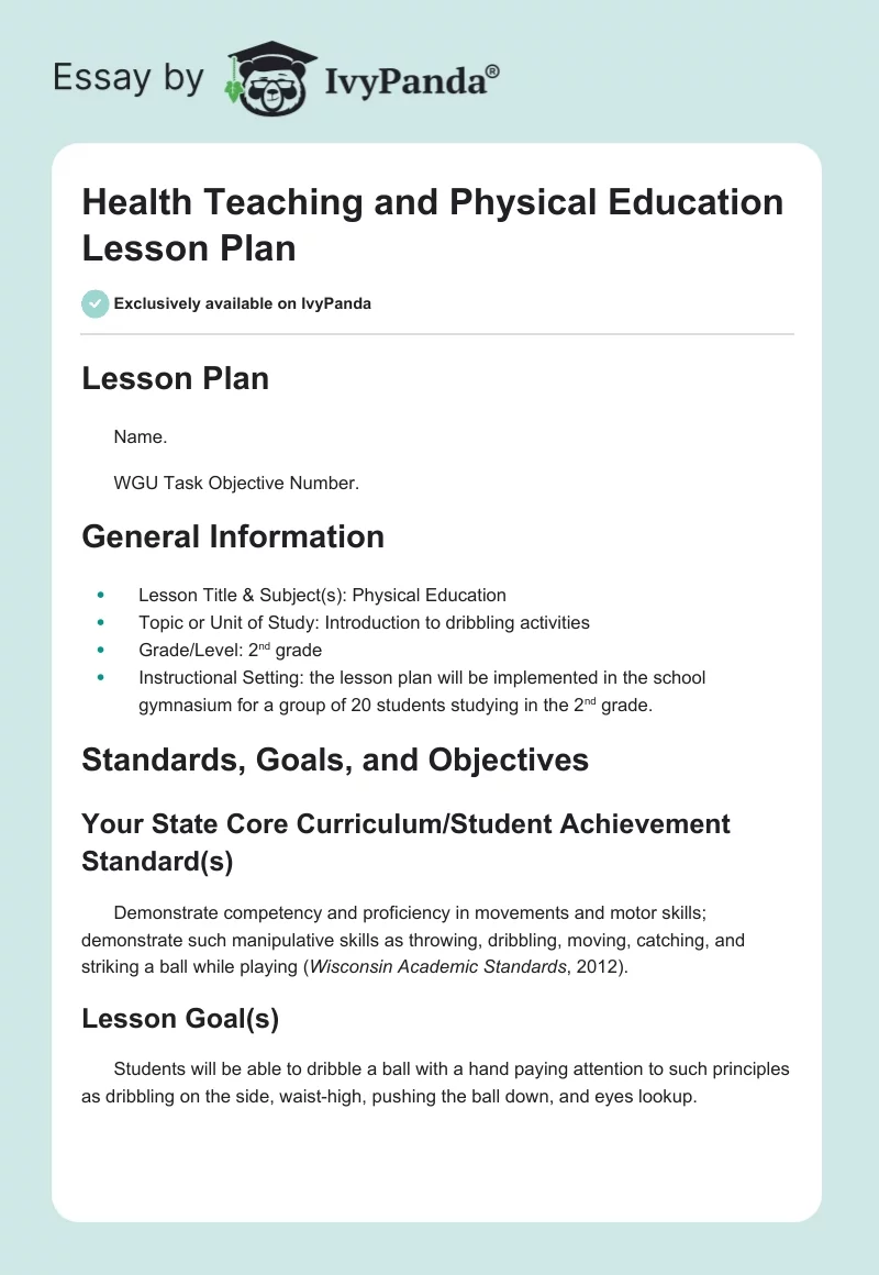Health Teaching and Physical Education Lesson Plan. Page 1