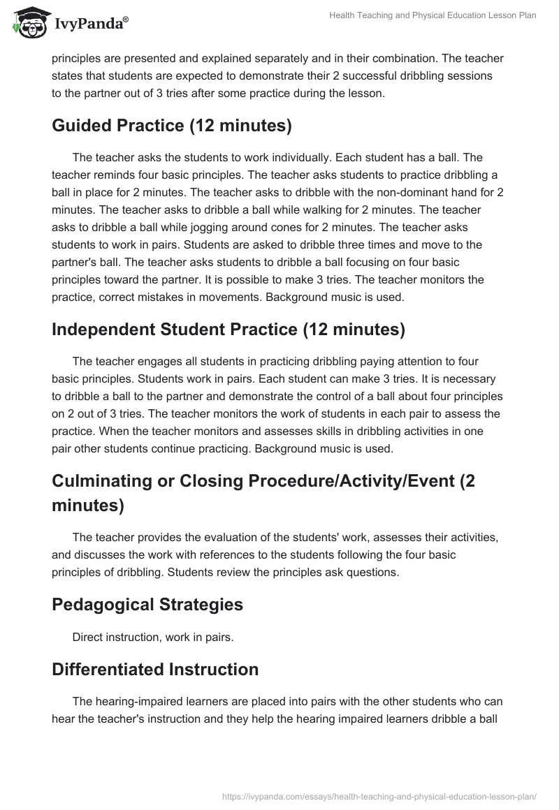 Health Teaching and Physical Education Lesson Plan. Page 3