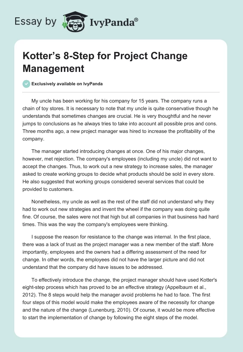 Kotter’s 8-Step for Project Change Management. Page 1
