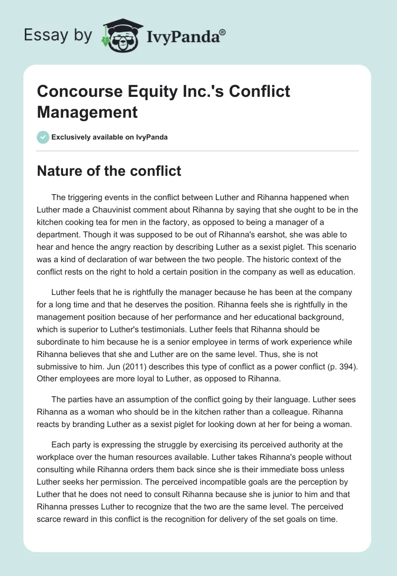 Concourse Equity Inc.'s Conflict Management. Page 1