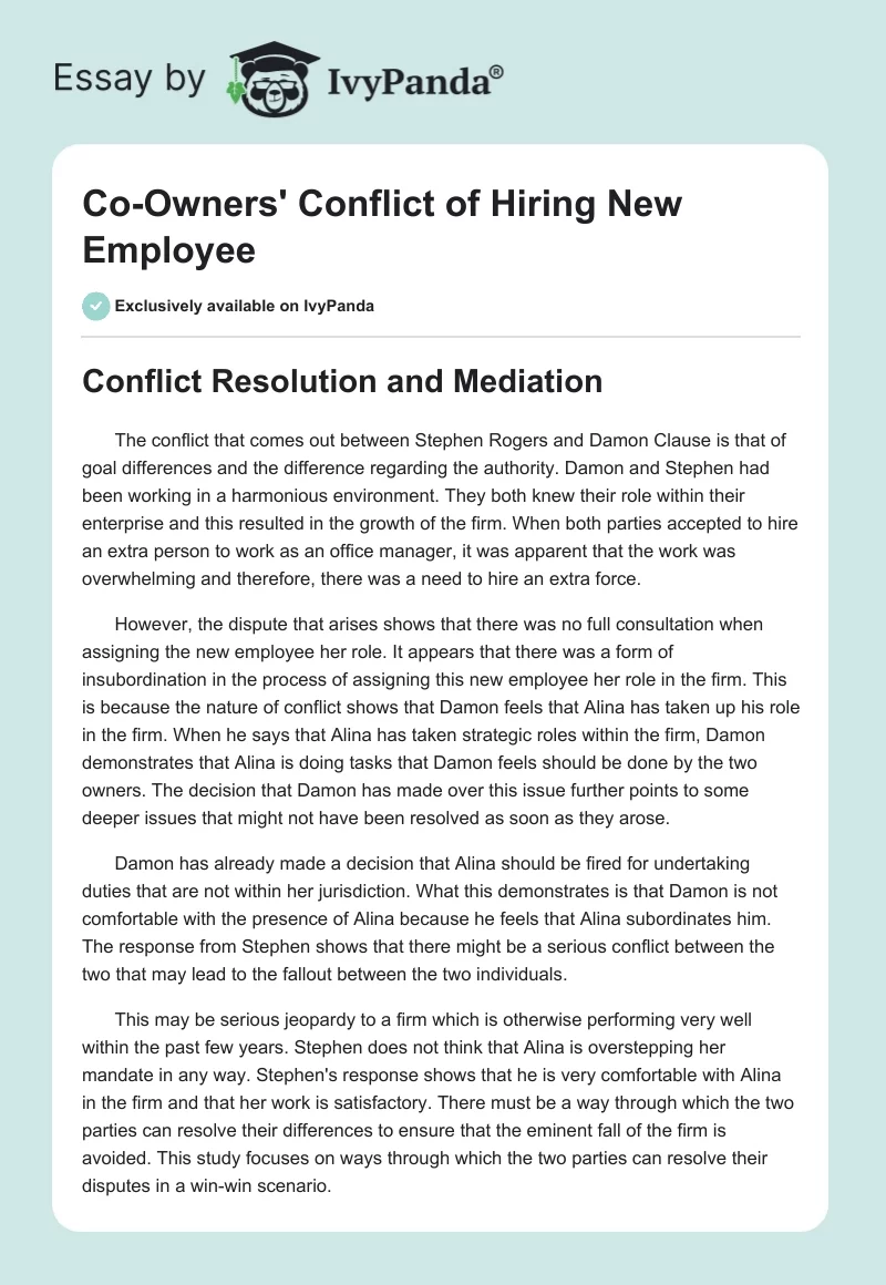 Co-Owners' Conflict of Hiring New Employee. Page 1