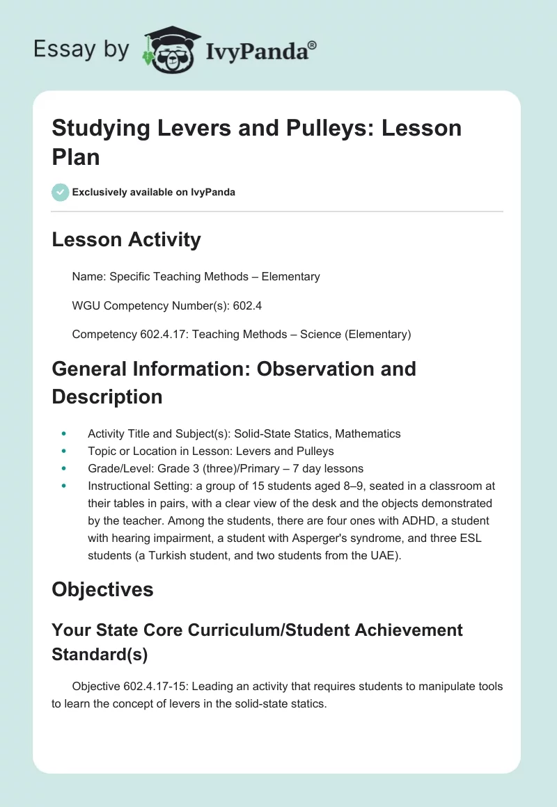 Studying Levers and Pulleys: Lesson Plan. Page 1