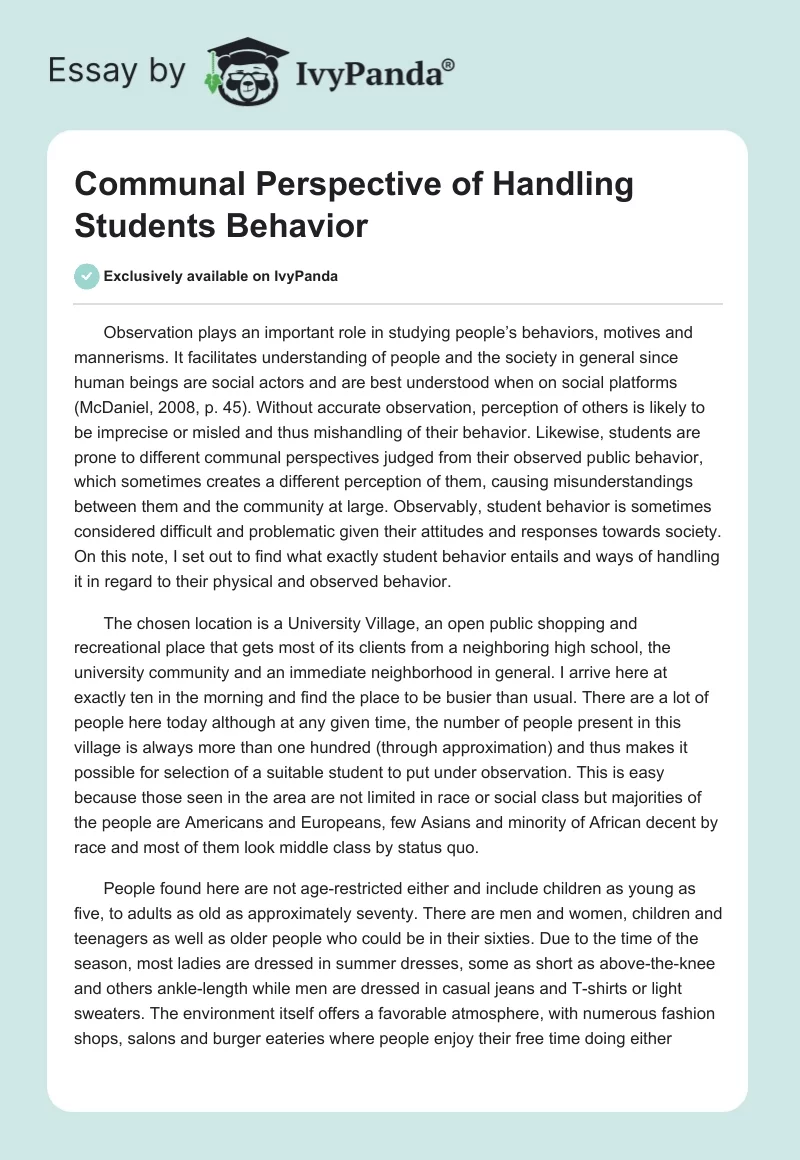Communal Perspective of Handling Students Behavior. Page 1