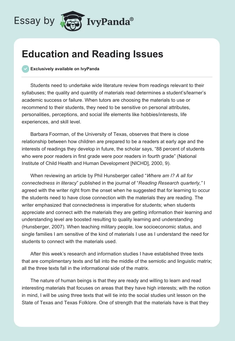 Education and Reading Issues. Page 1