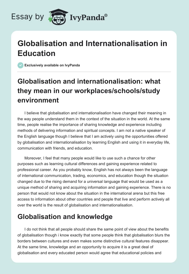 Globalisation and Internationalisation in Education. Page 1