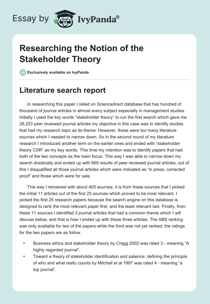 Researching the Notion of the Stakeholder Theory. Page 1