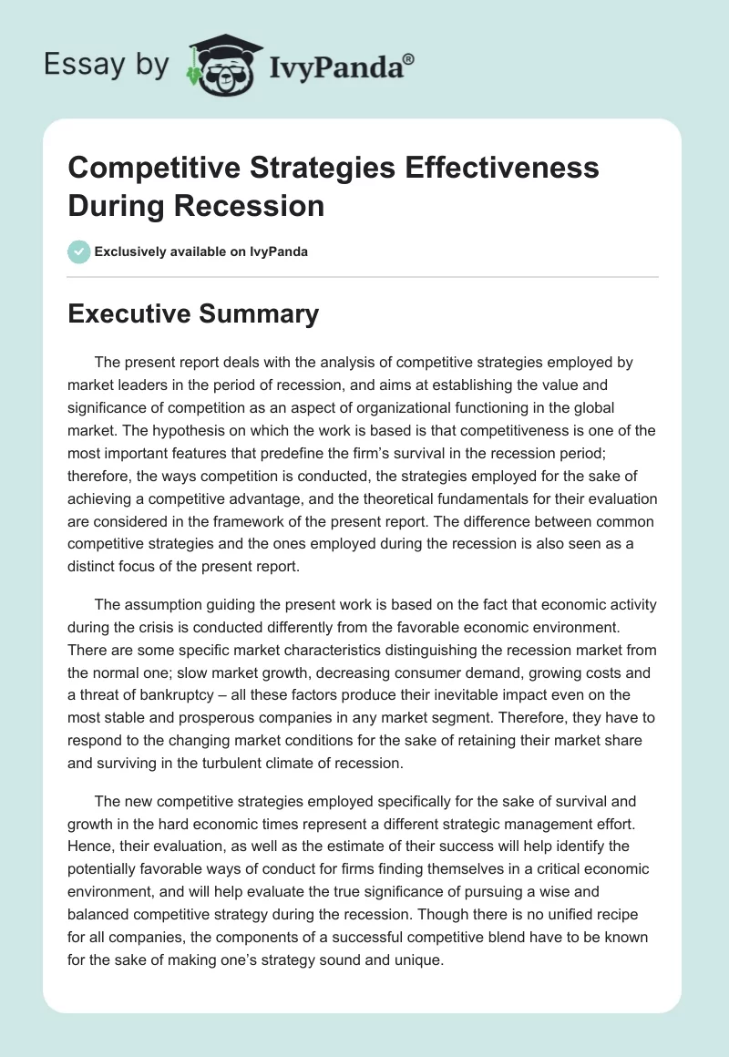 Competitive Strategies Effectiveness During Recession. Page 1