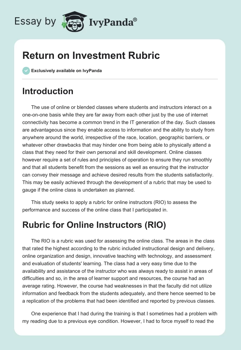 Return on Investment Rubric. Page 1