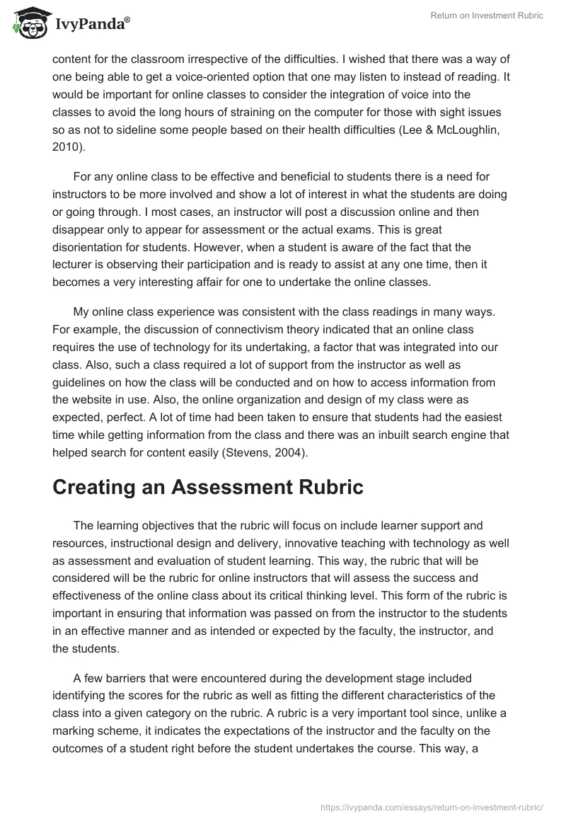Return on Investment Rubric. Page 2