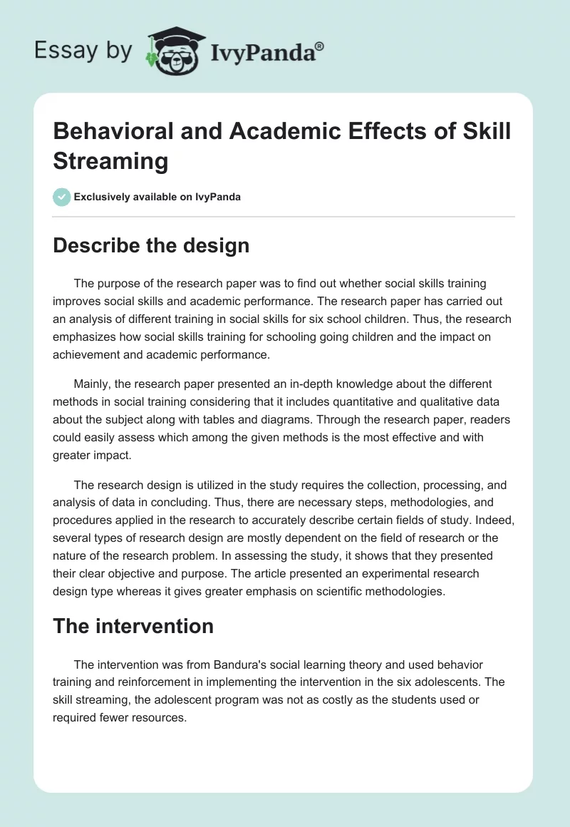 Behavioral and Academic Effects of Skill Streaming. Page 1