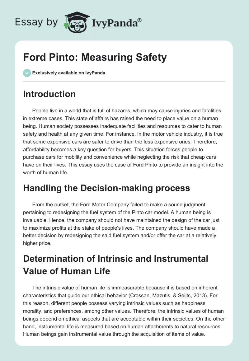 Ford Pinto: Measuring Safety. Page 1
