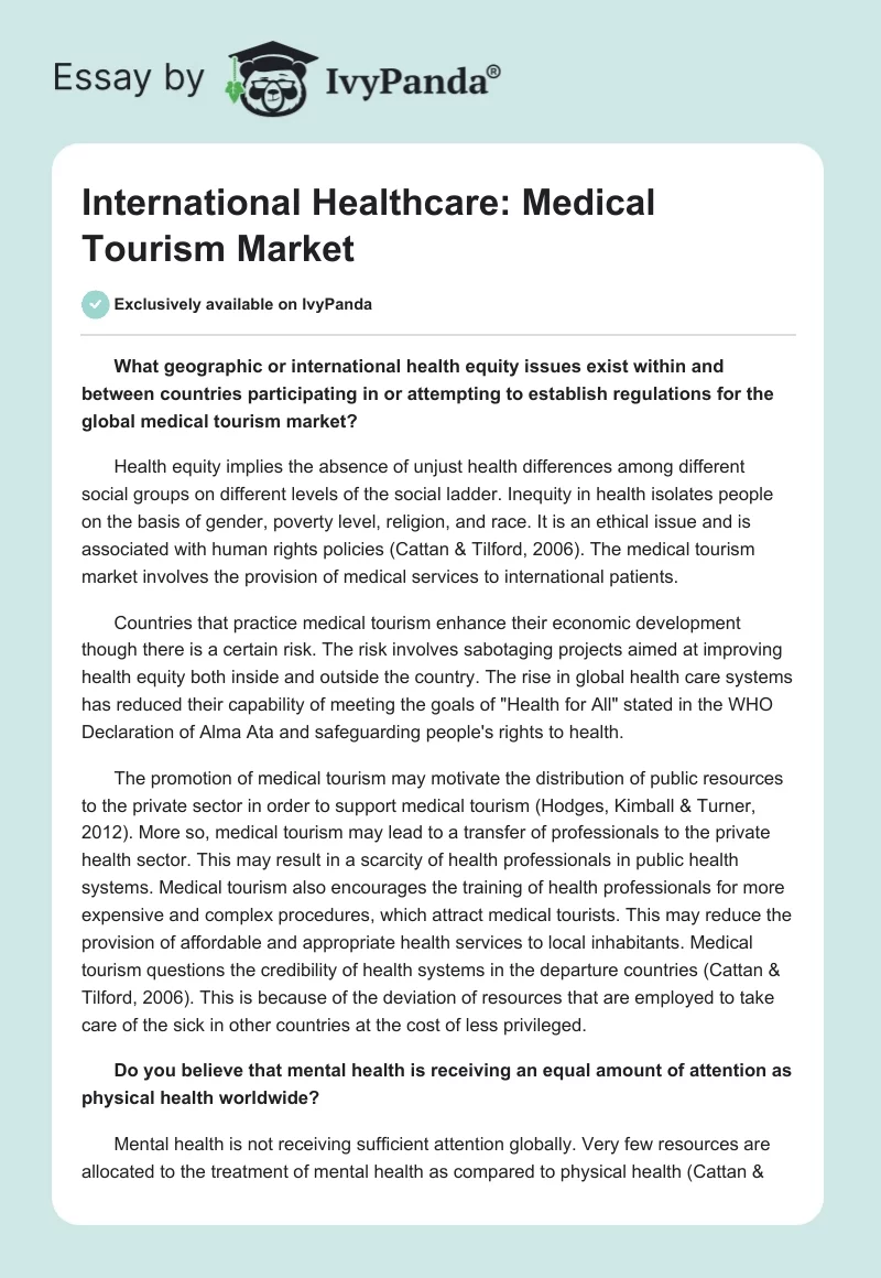 International Healthcare: Medical Tourism Market. Page 1