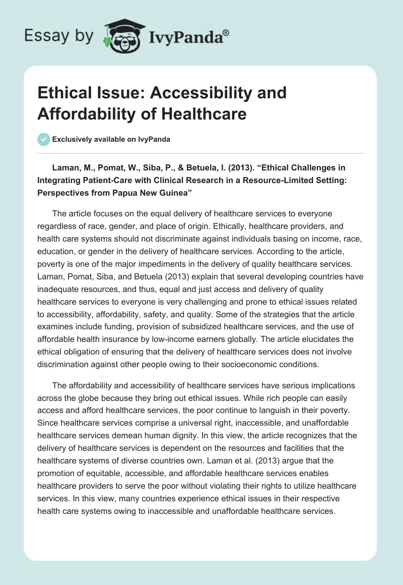 Ethical Issue: Accessibility and Affordability of Healthcare. Page 1