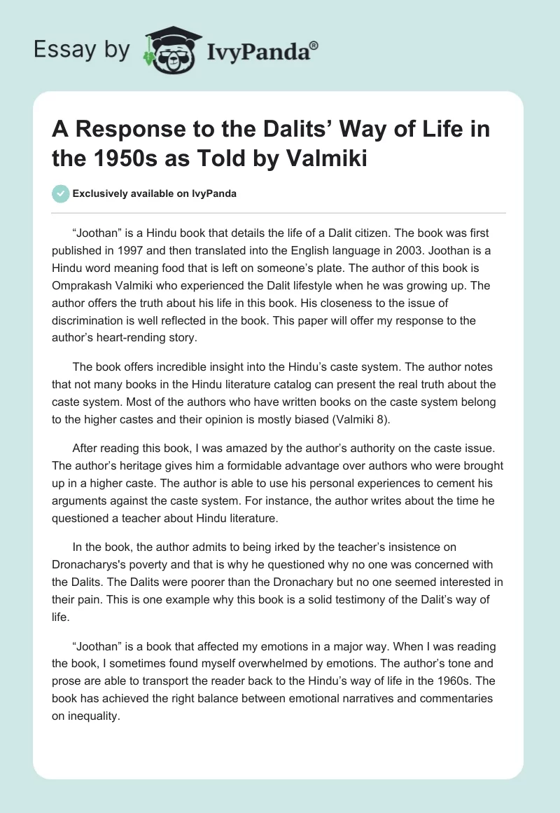 A Response to the Dalits’ Way of Life in the 1950s as Told by Valmiki. Page 1