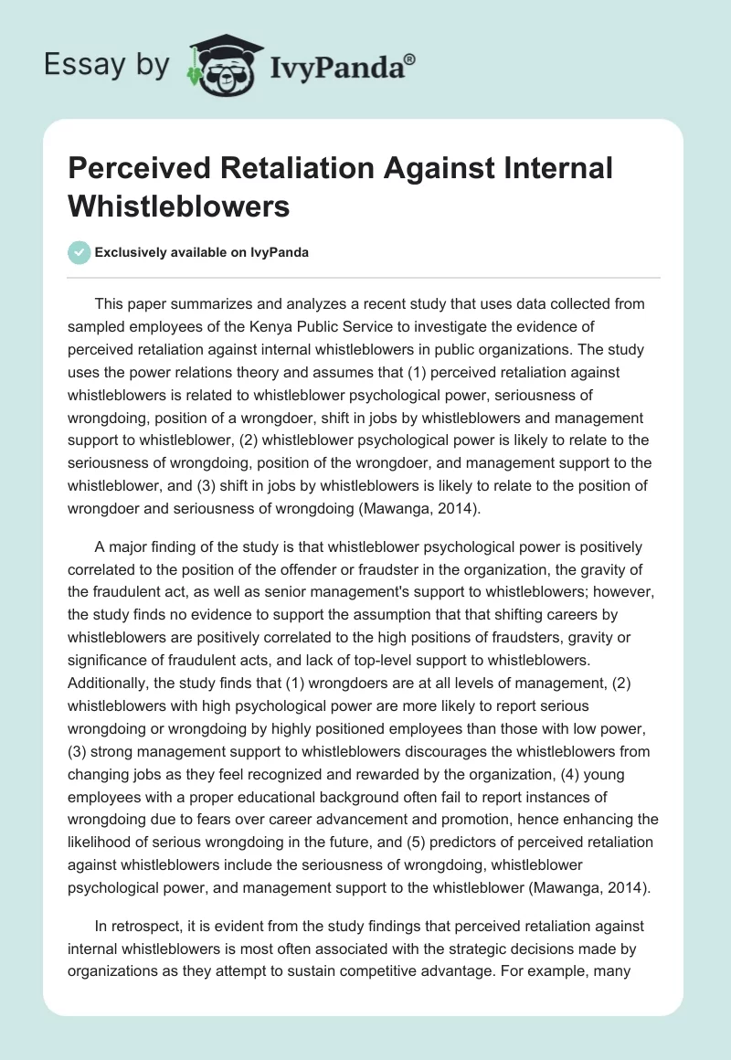 Perceived Retaliation Against Internal Whistleblowers. Page 1