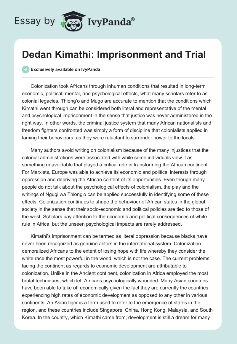 Dedan Kimathi: Imprisonment and Trial. Page 1