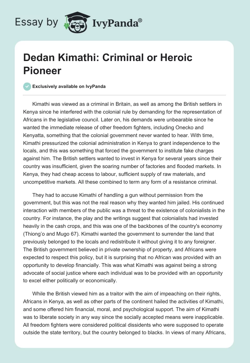 Dedan Kimathi: Criminal or Heroic Pioneer. Page 1