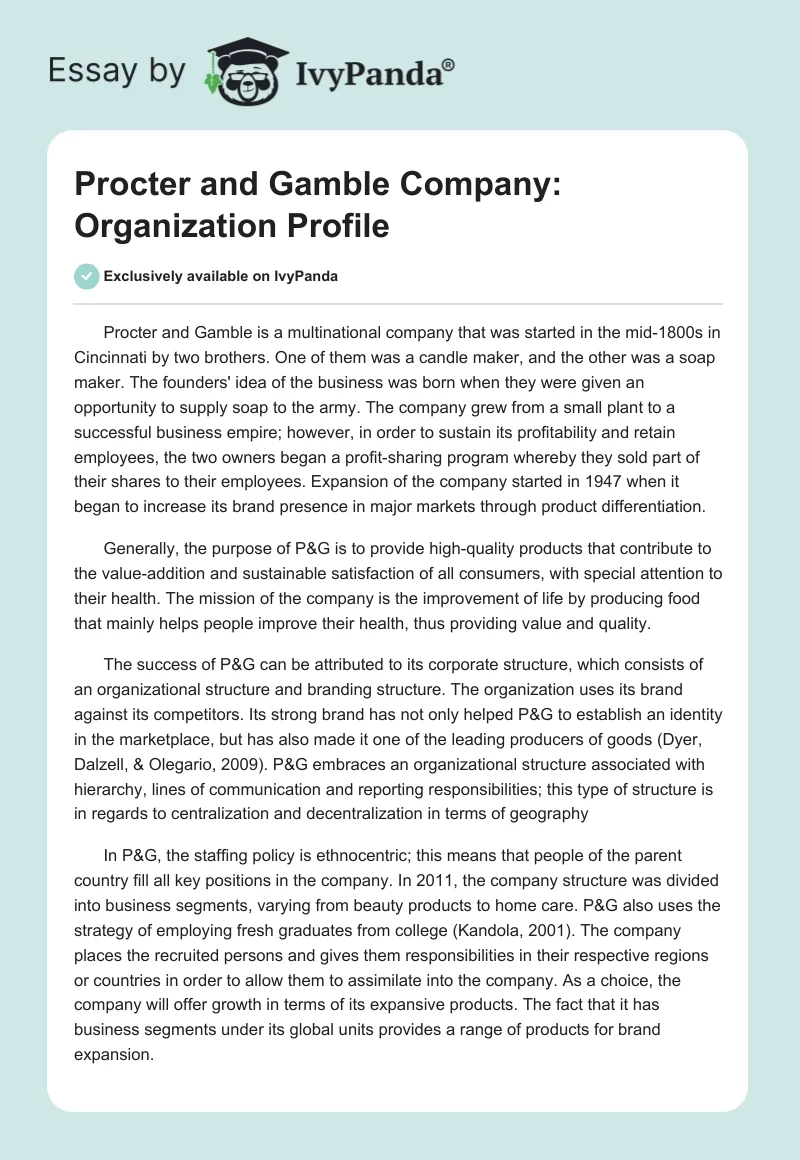 Procter and Gamble Company: Organization Profile. Page 1