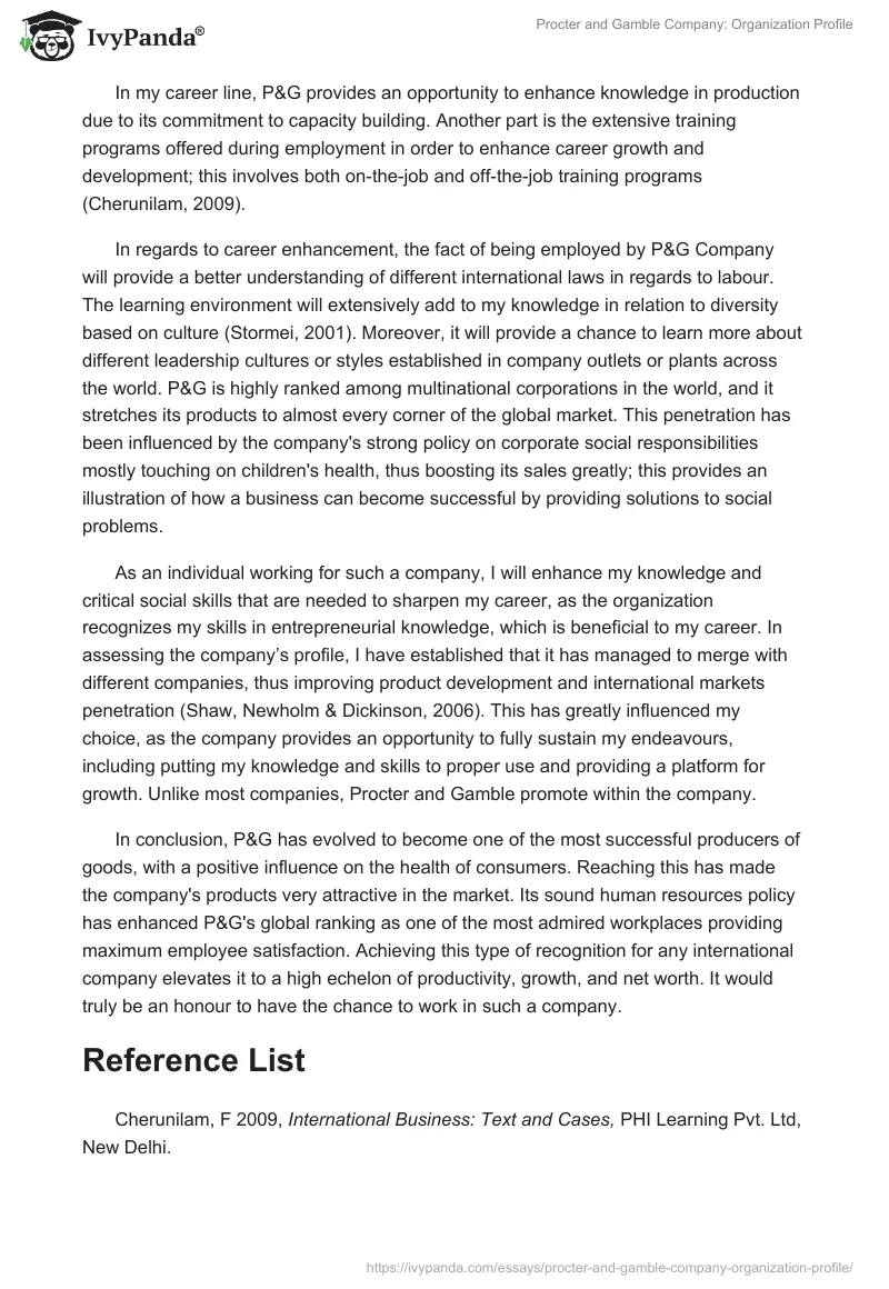 Procter and Gamble Company: Organization Profile. Page 2