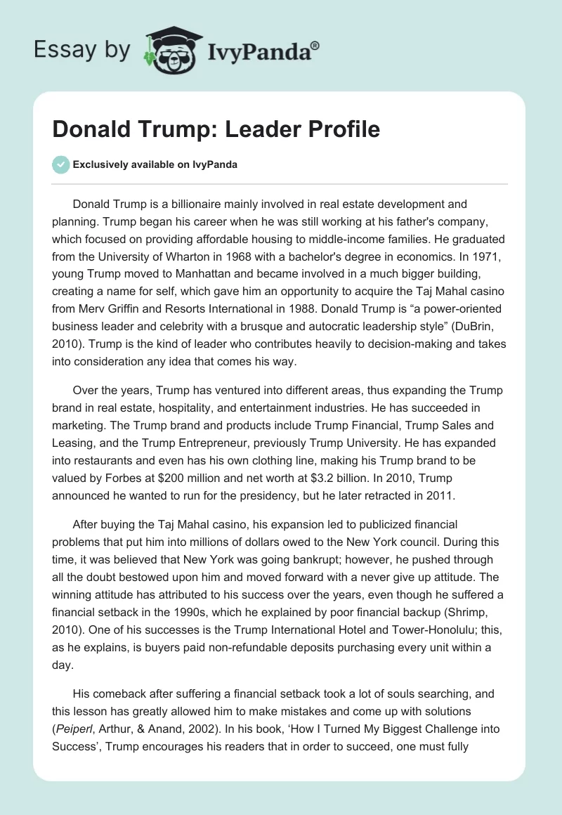 Donald Trump: Leader Profile. Page 1