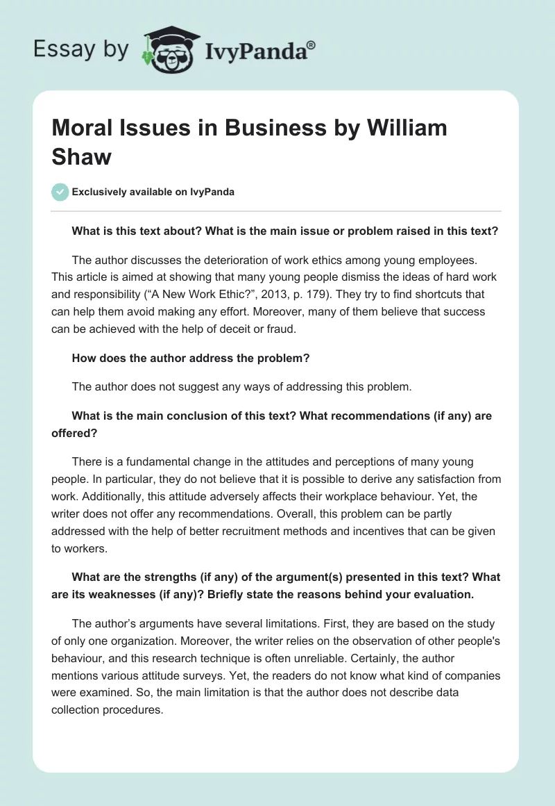 "Moral Issues in Business" by William Shaw. Page 1