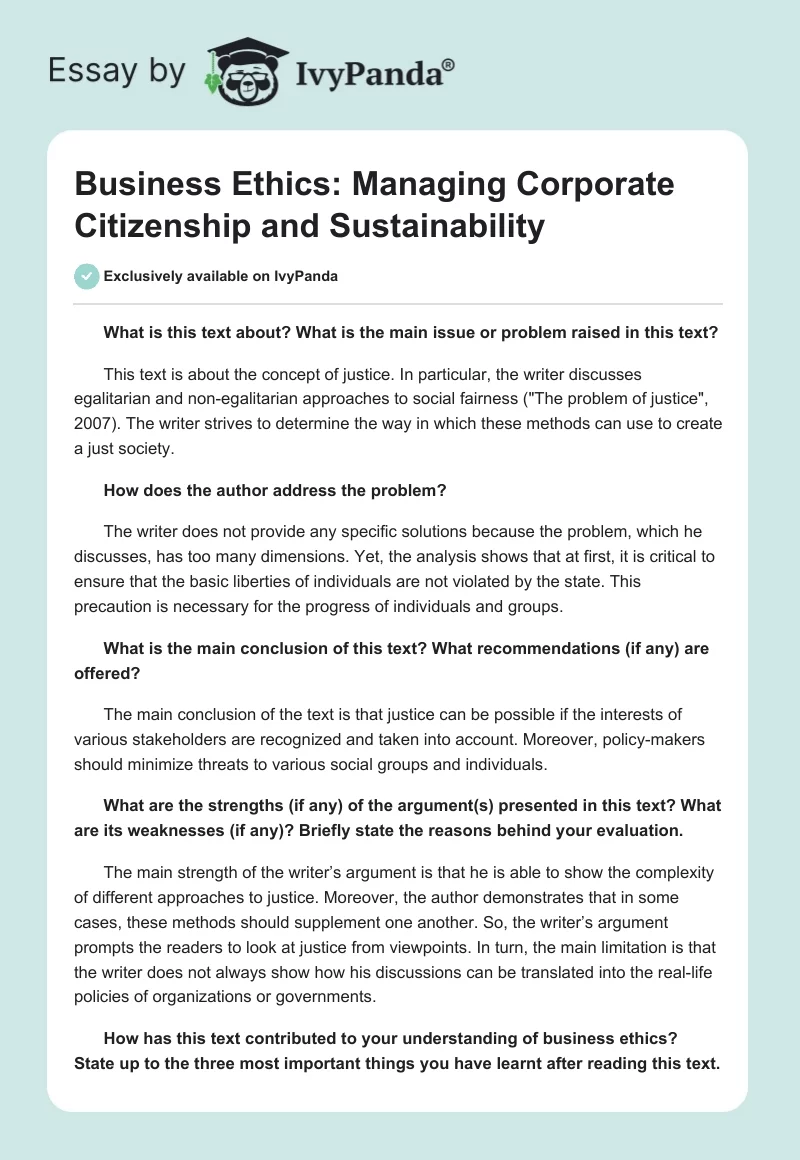 Business Ethics: Managing Corporate Citizenship and Sustainability. Page 1