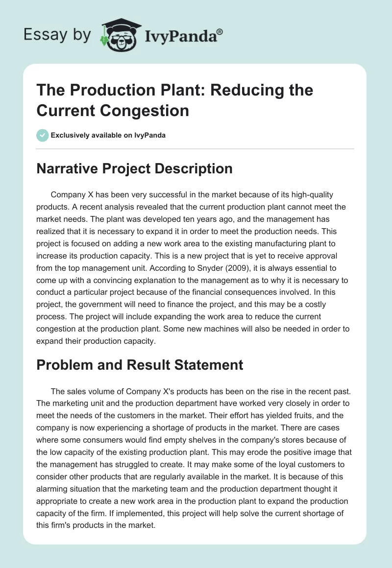 The Production Plant: Reducing the Current Congestion. Page 1