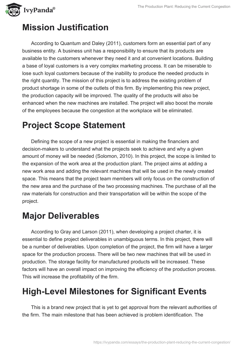 The Production Plant: Reducing the Current Congestion. Page 2