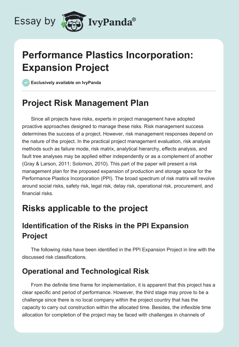 Performance Plastics Incorporation: Expansion Project. Page 1