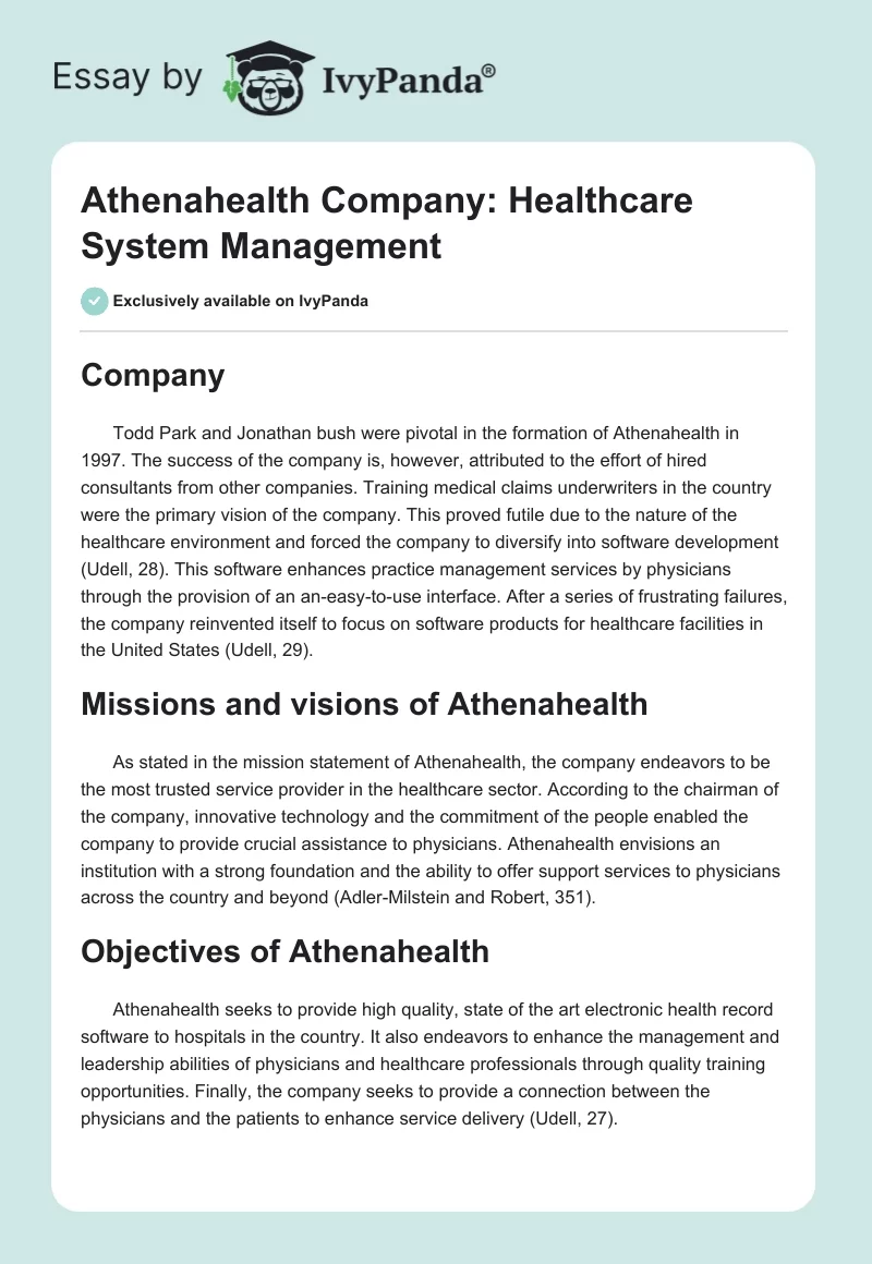 Athenahealth Company: Healthcare System Management. Page 1