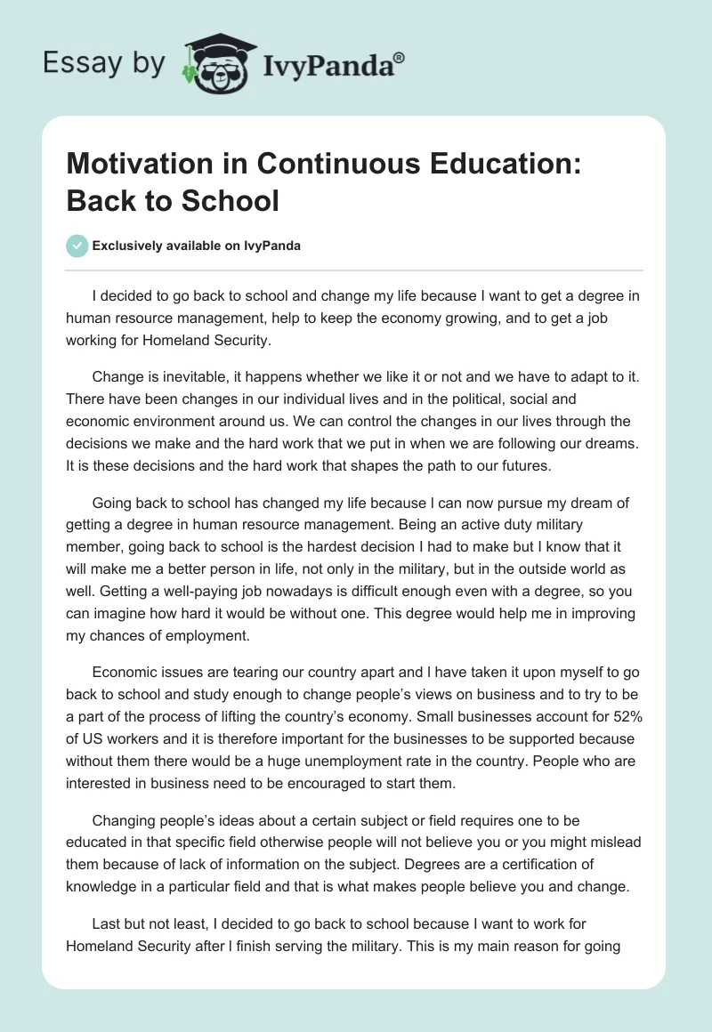 Motivation in Continuous Education: Back to School. Page 1
