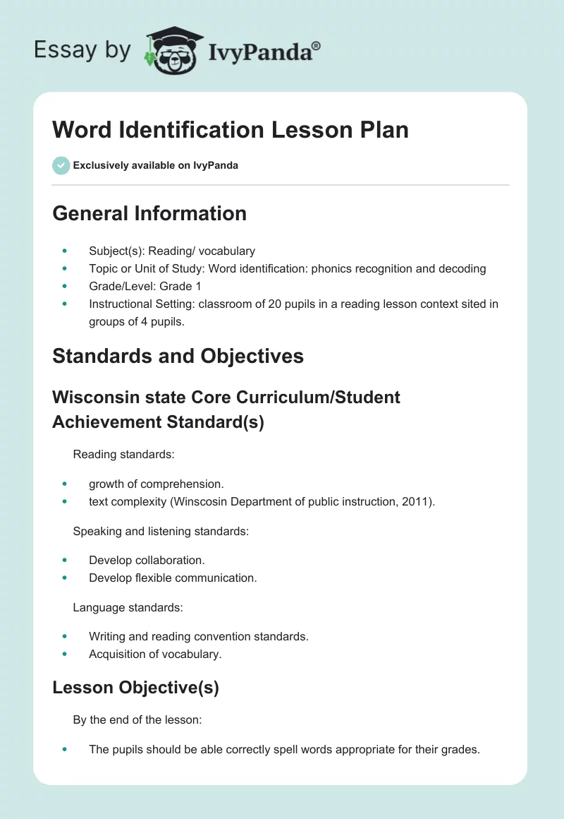 Word Identification Lesson Plan. Page 1