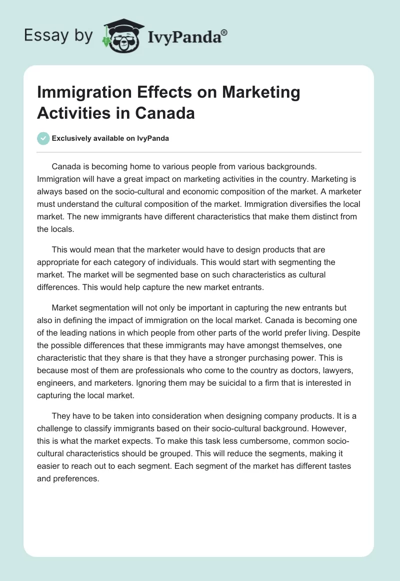 Immigration Effects on Marketing Activities in Canada. Page 1