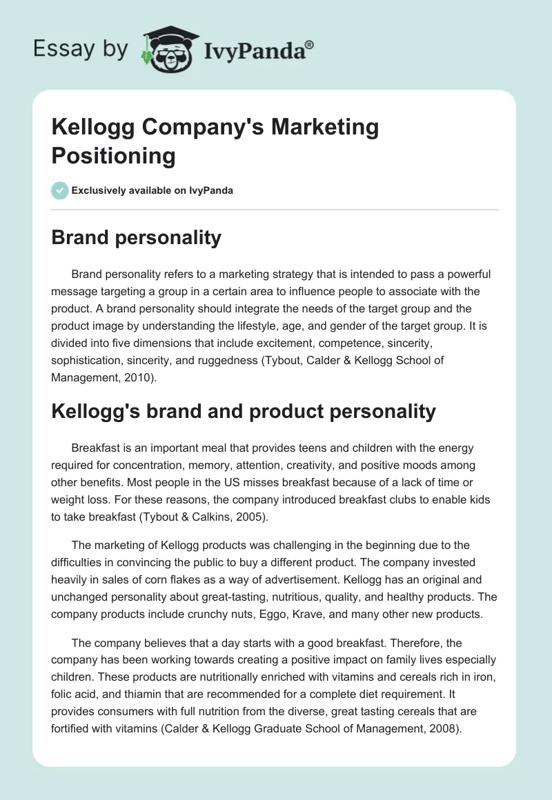 Kellogg Company's Marketing Positioning. Page 1