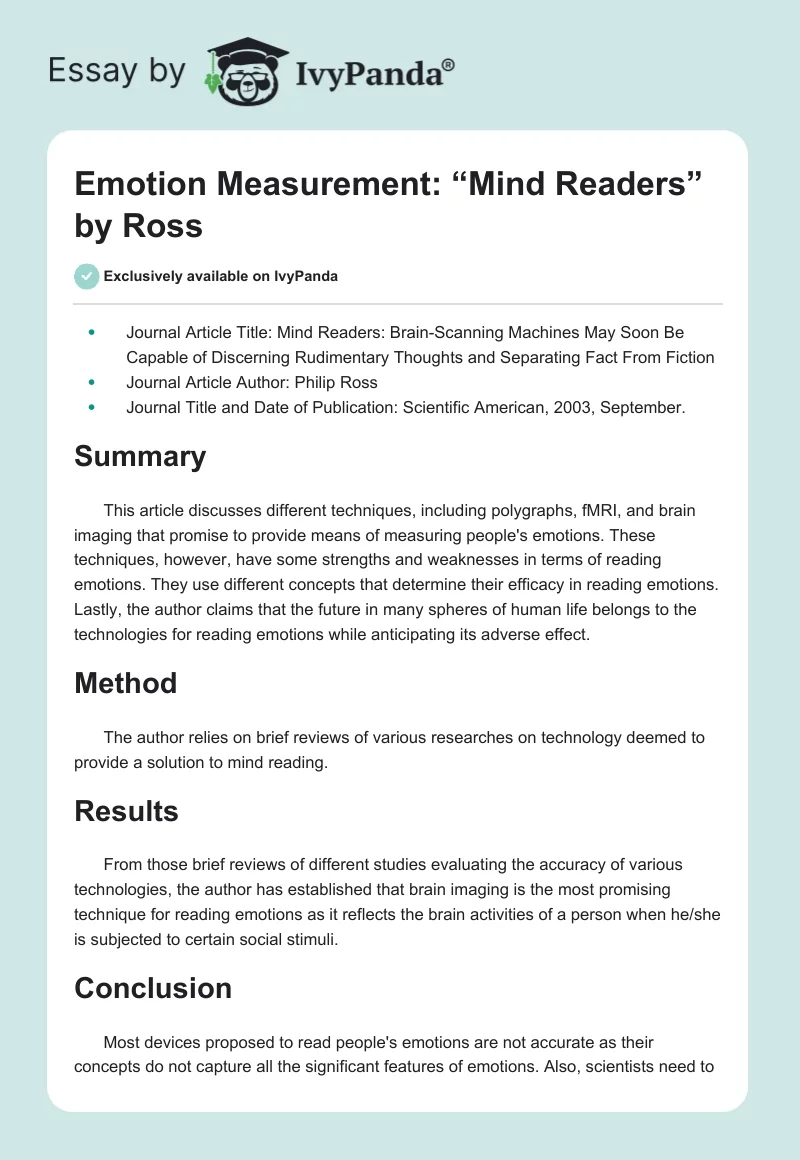 Emotion Measurement: “Mind Readers” by Ross. Page 1