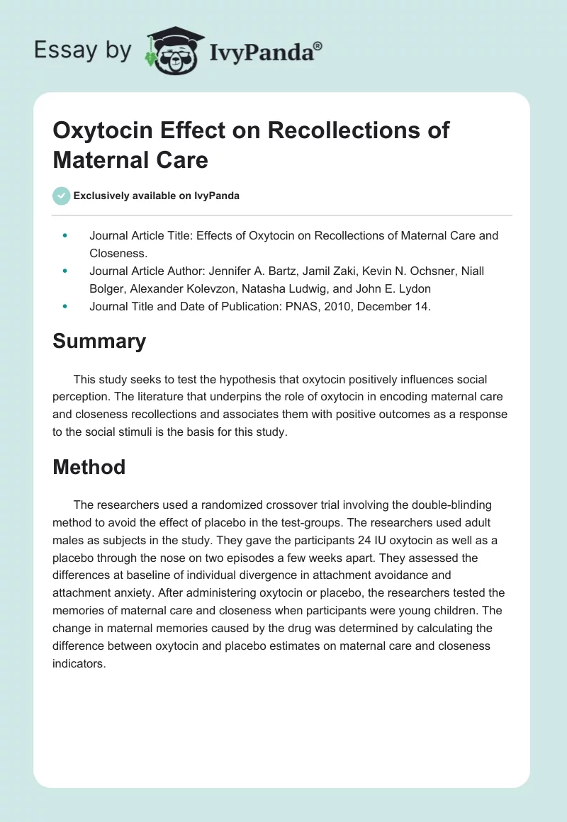 Oxytocin Effect on Recollections of Maternal Care. Page 1