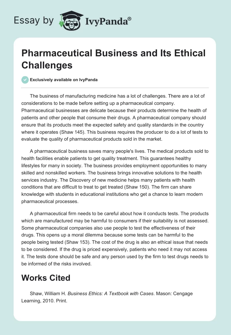 Pharmaceutical Business and Its Ethical Challenges. Page 1