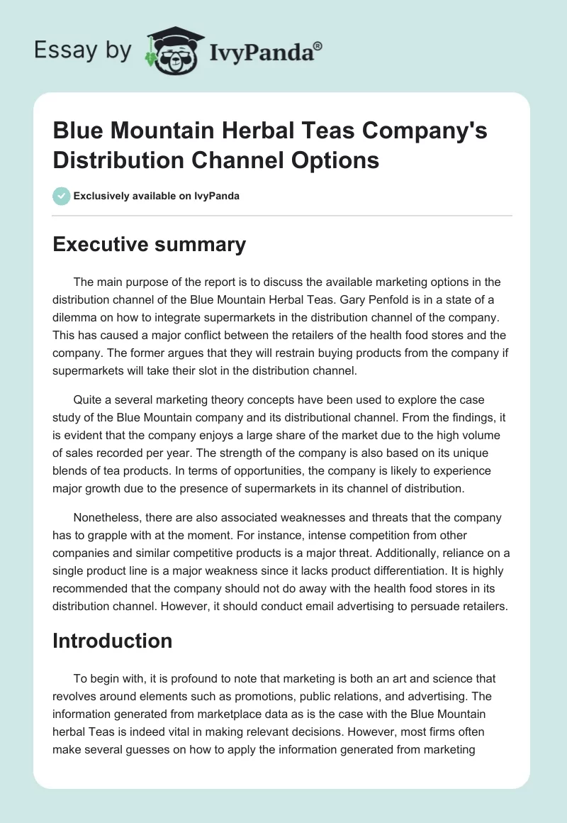 Blue Mountain Herbal Teas Company's Distribution Channel Options. Page 1