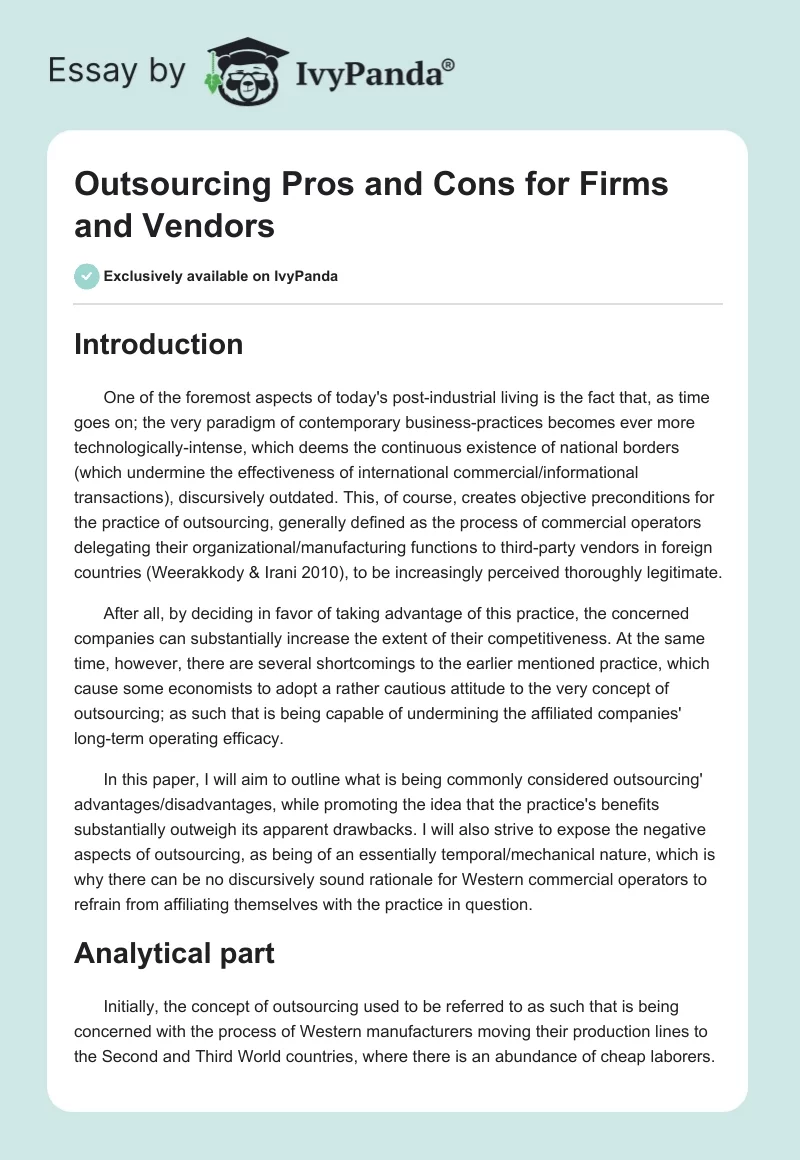 Outsourcing Pros and Cons for Firms and Vendors. Page 1