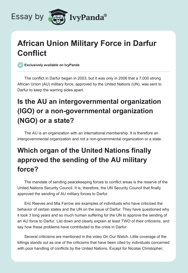 African Union Military Force in Darfur Conflict. Page 1