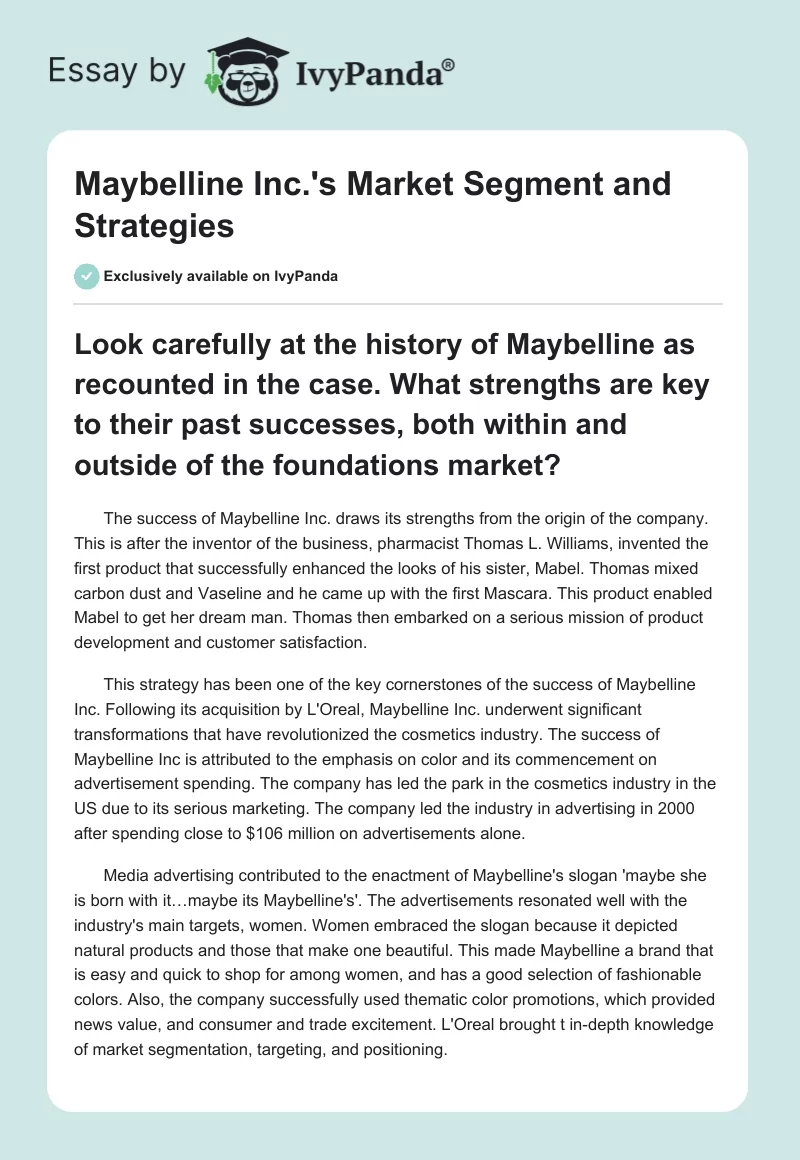 Maybelline Inc.'s Market Segment and Strategies. Page 1