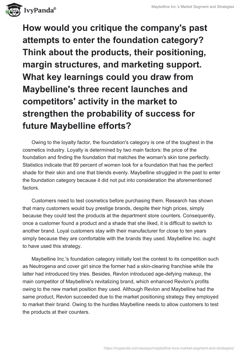 Maybelline Inc.'s Market Segment and Strategies. Page 3