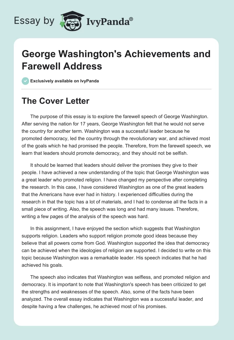 George Washington's Achievements and Farewell Address. Page 1